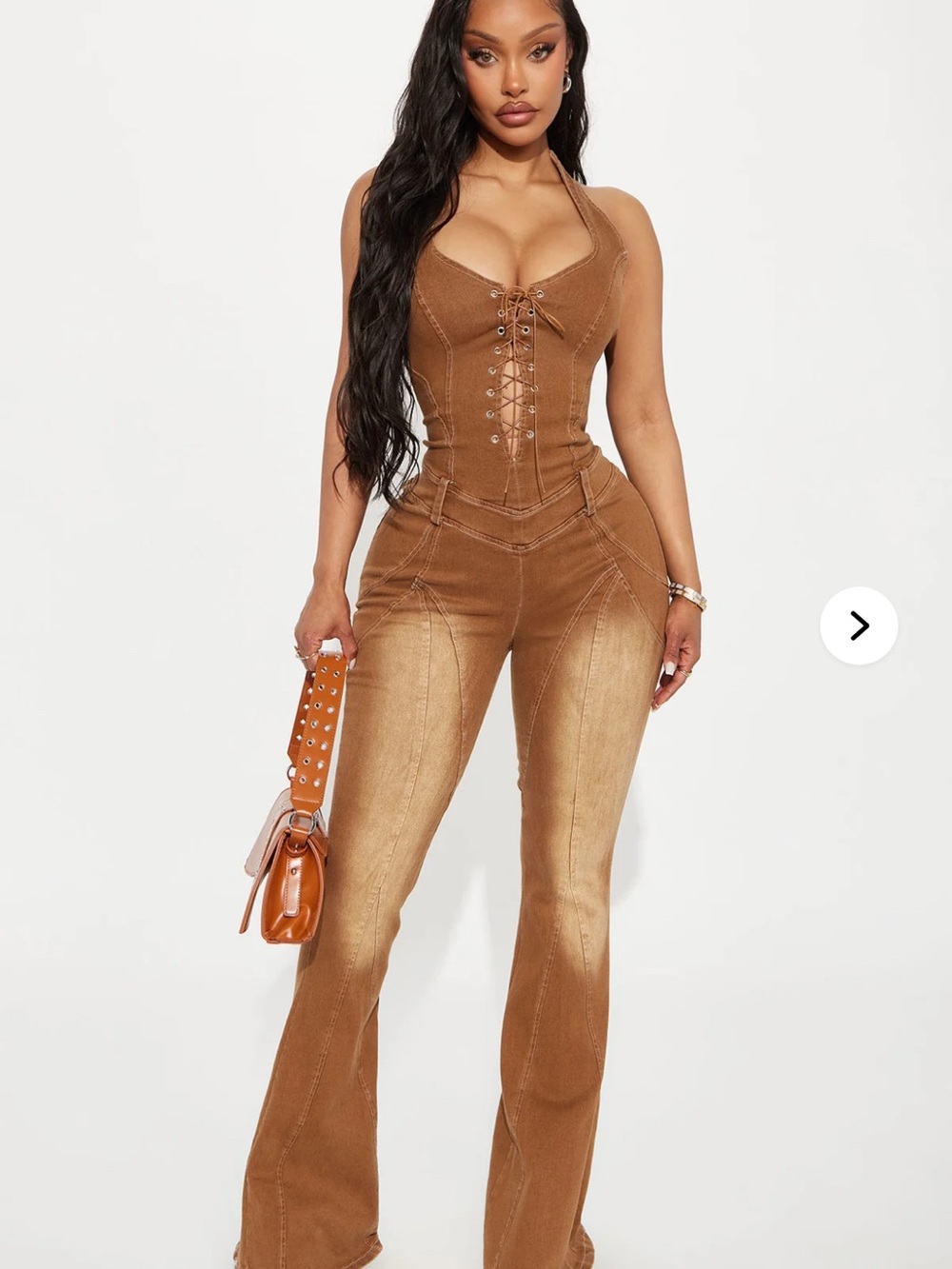 Fashion Nova Lace-Up Halter Flare Jumpsuit in Saddle Brown